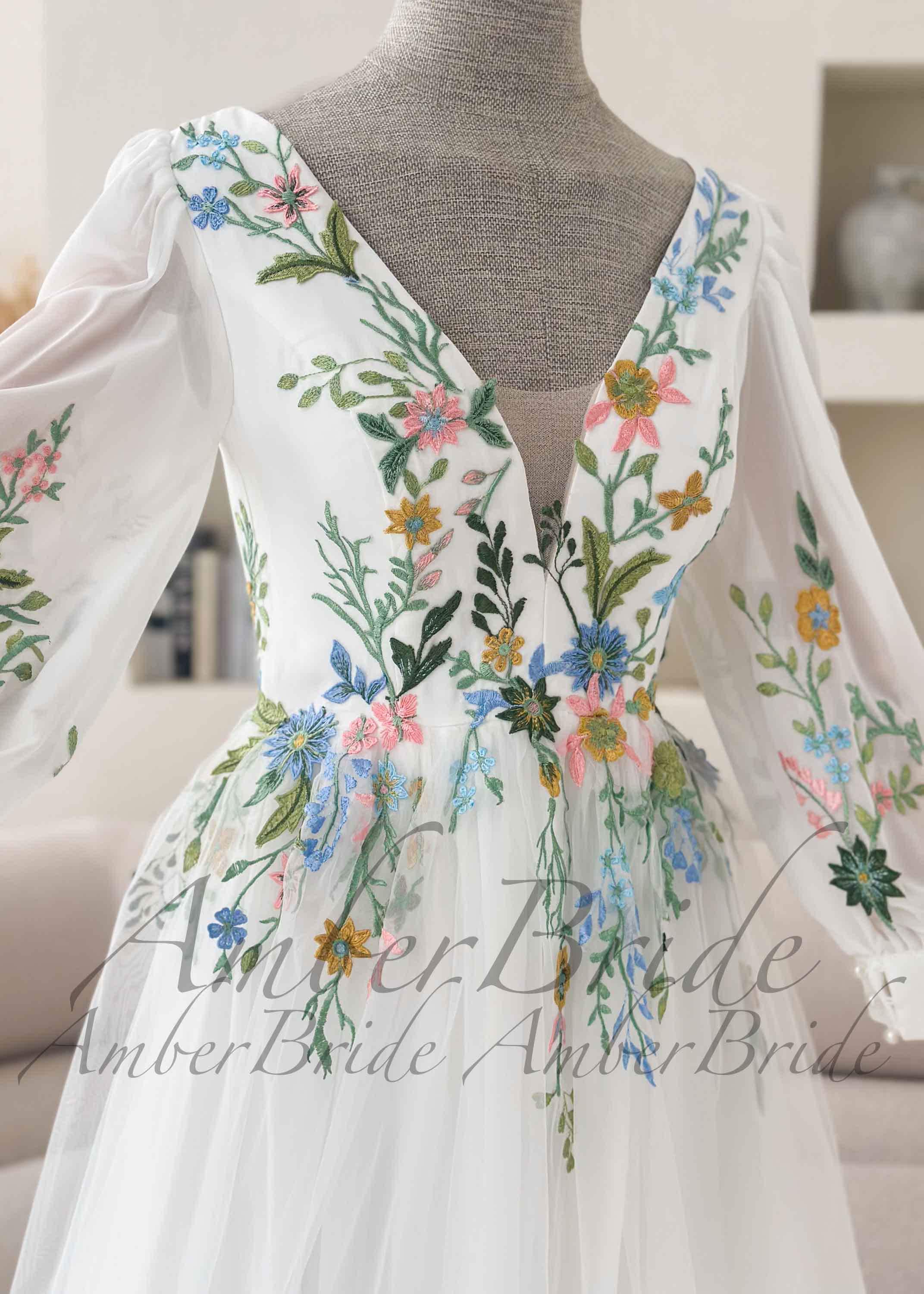 Romantic Colorful Floral Embroidered A-line Wedding Dress Garden Romantic Colorful Floral Embroidered A-line Wedding Dress Garden