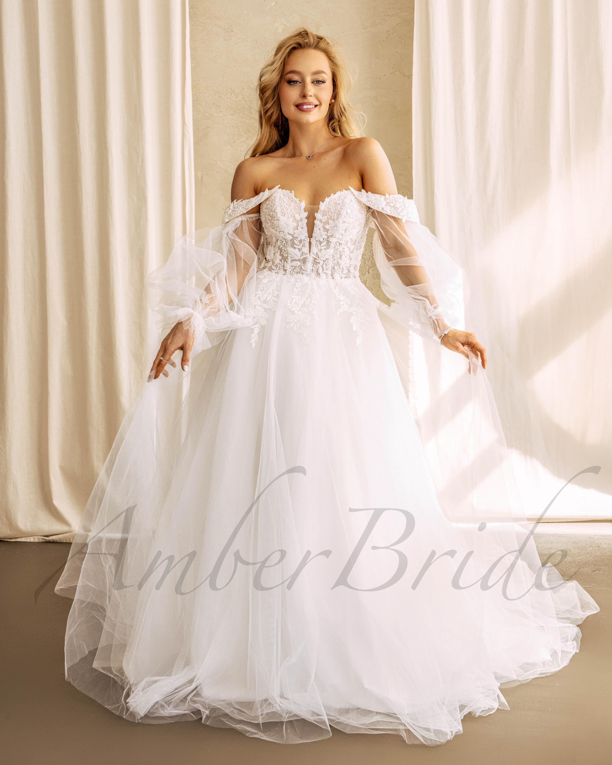 off the shoulder sleeves for wedding dress Exquisite Off-the-Shoulder Beaded Wedding Dress with Flared Hem