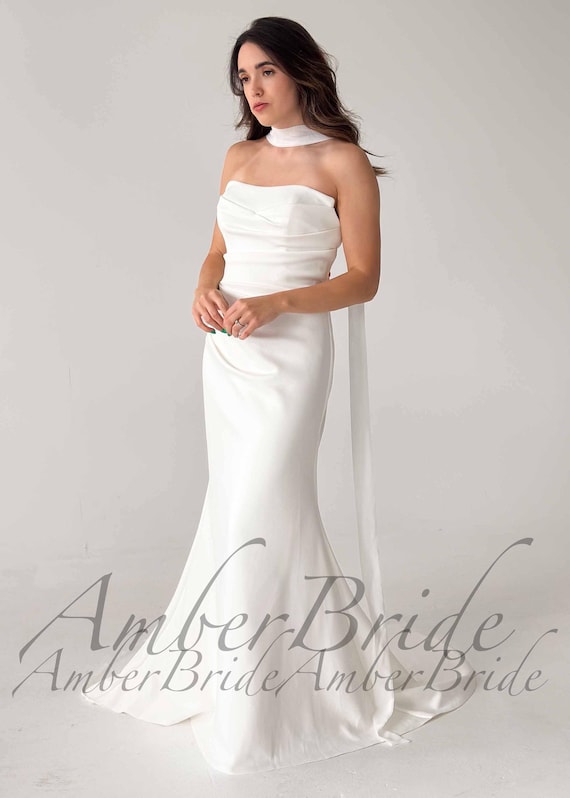 knee length dresses for ladies Simple Mermaid Satin Wedding Dress with Puffy Sleeves main image 0