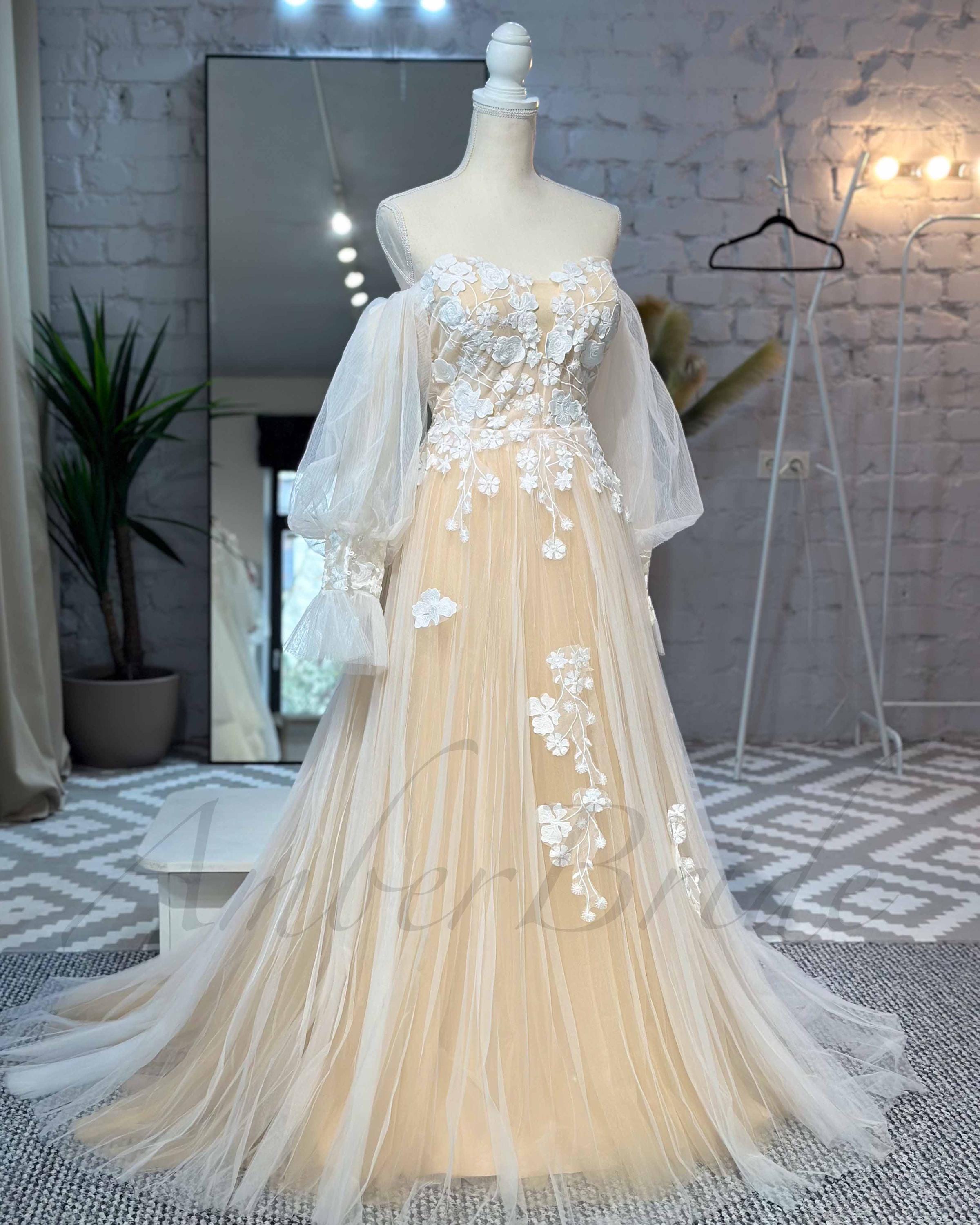 Boho A Line Wedding Dress Long Sleeve Floral Dress Wedding Strapless Rustic Wedding Gown with Flowers Romantic Wildflower Bridal Dress ALine