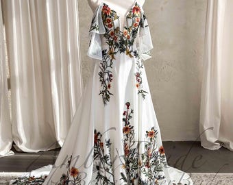 Romantic Floral A Line Wedding Dress with Colorful Embroidered Flowers Spaghetti Straps and Detachable Off Shoulder Sleeve Bohemian Style