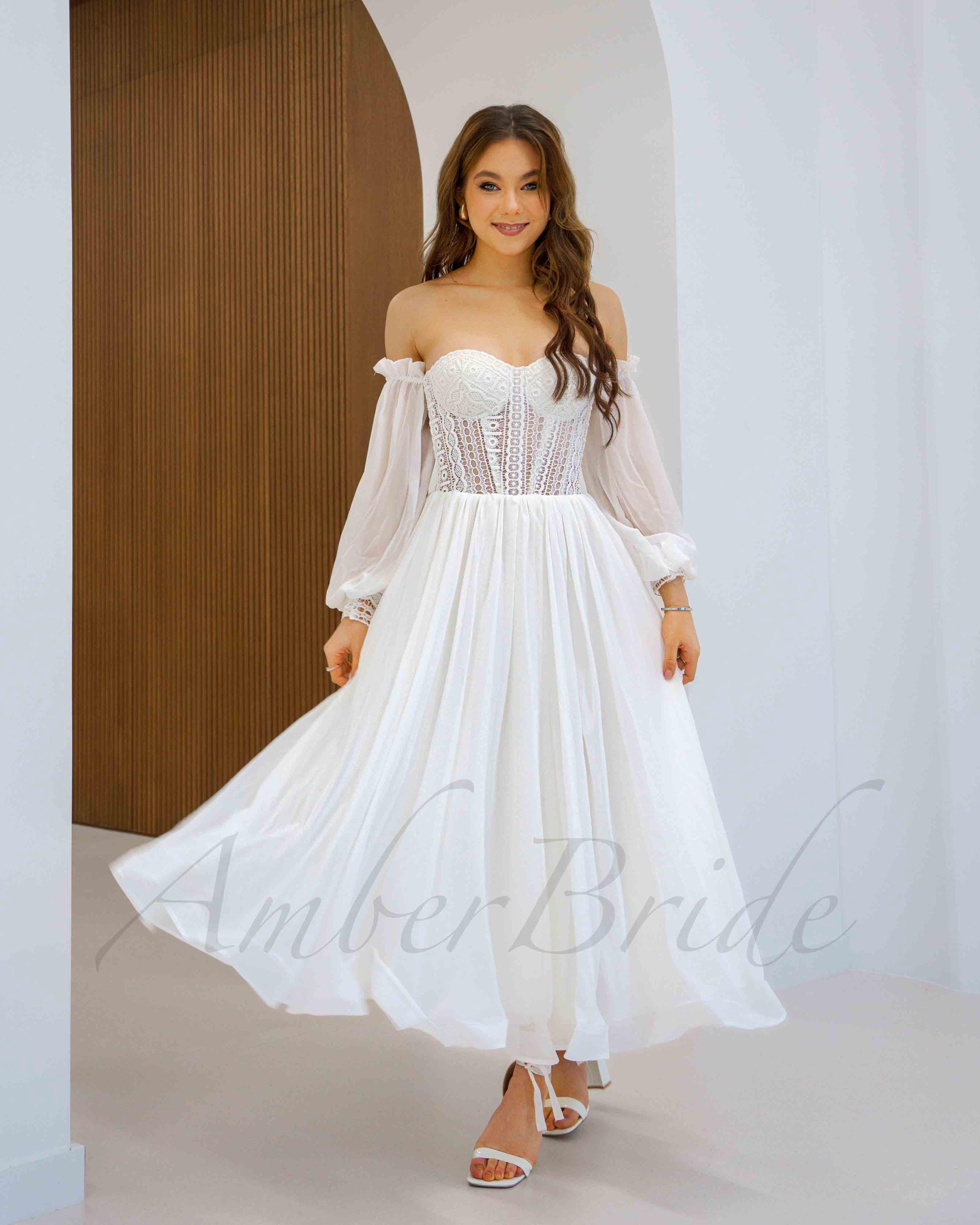bohemian tea length dress Tea Length Lace Dress Boho Flowy Short Wedding Dress Strapless Midi Dress Bohemian Short Ethereal Wedding Dress Boho Elopement Dress Short