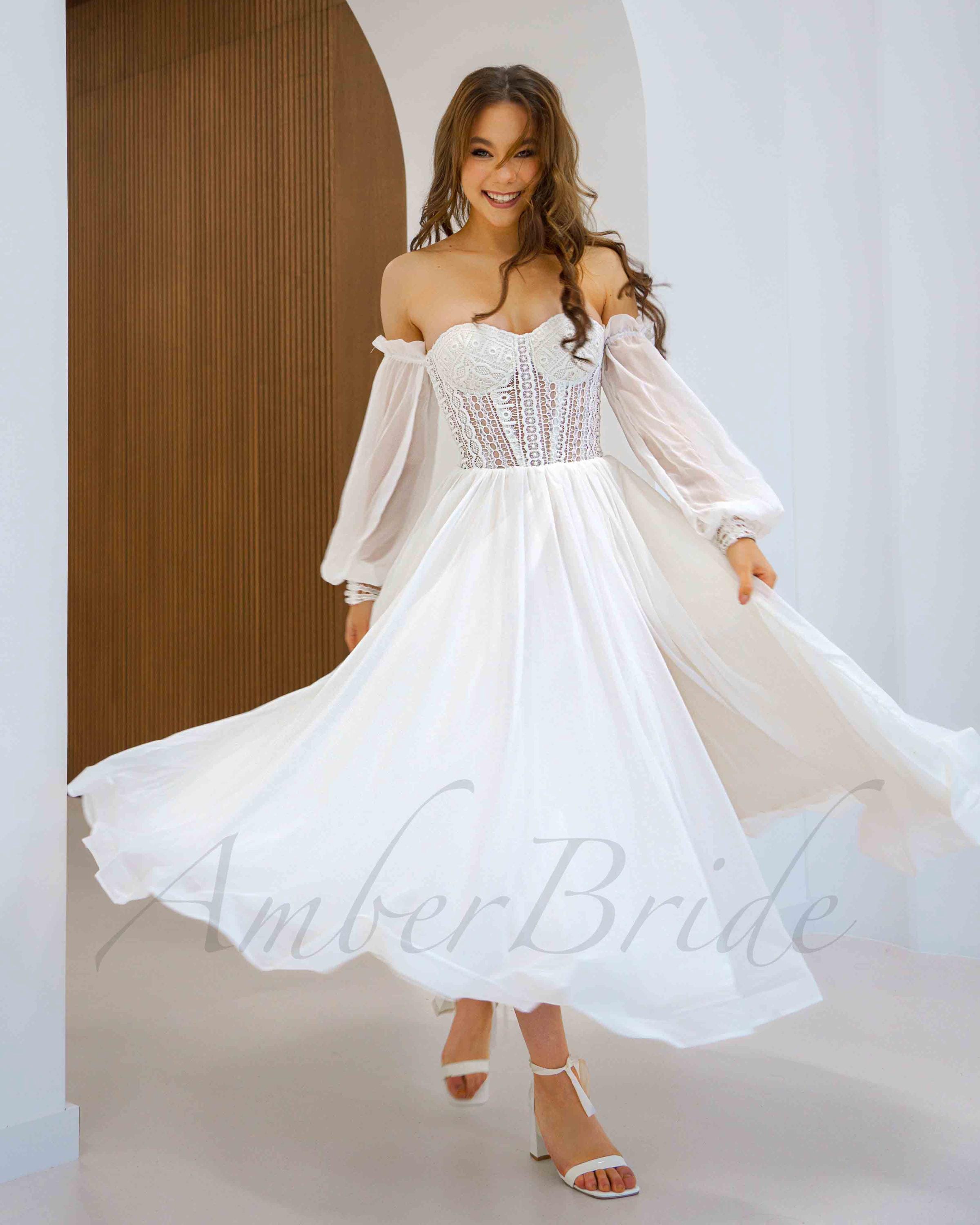 short flowy lace dress Tea Length Lace Dress Boho Flowy Short Wedding Dress Strapless Midi Dress Bohemian Short Ethereal Wedding Dress Boho Elopement Dress Short