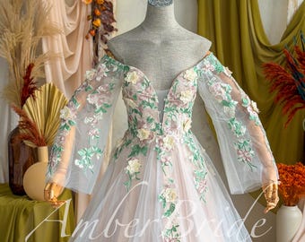 Ivory Tulle Wedding Dress with 3D Sage Roses, Off Shoulder Bell Sleeves and Train