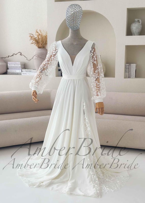 Simple Lightweight Flowy A-Line Wedding Dress with Lace Slit and Bishop Sleeves Modern Courthouse Romantic Bridal Gown with Long Sleeve Simple Lightweight Flowy A-Line Wedding Dress with Lace Slit and Bishop Sleeves Modern Courthouse Romantic Bridal Gown with Long Sleeve