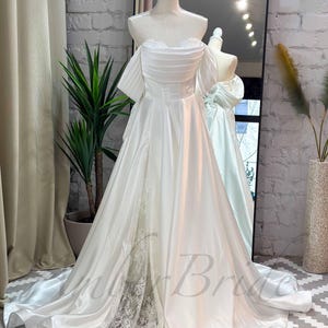 Modern Satin Wedding Dress with Lace Long Sleeve and Slit A Line Dress Wedding Off Shoulder Corset Bridal Dress Elegant Wedding Gown