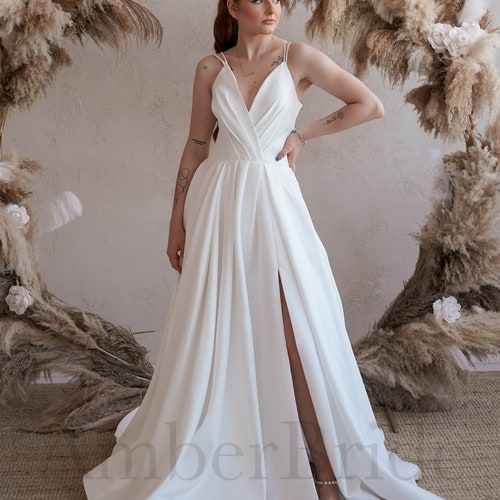 Satin A-line Wedding Dress| Spaghetti Strap Satin Bridal Gown| Elegant A- line Satin Wedding Gown| Minimalist Satin Wedding Dress - Etsy Satin A-line Wedding Dress| Spaghetti Strap Satin Bridal Gown| Elegant A- line Satin Wedding Gown| Minimalist Satin Wedding Dress - Etsy