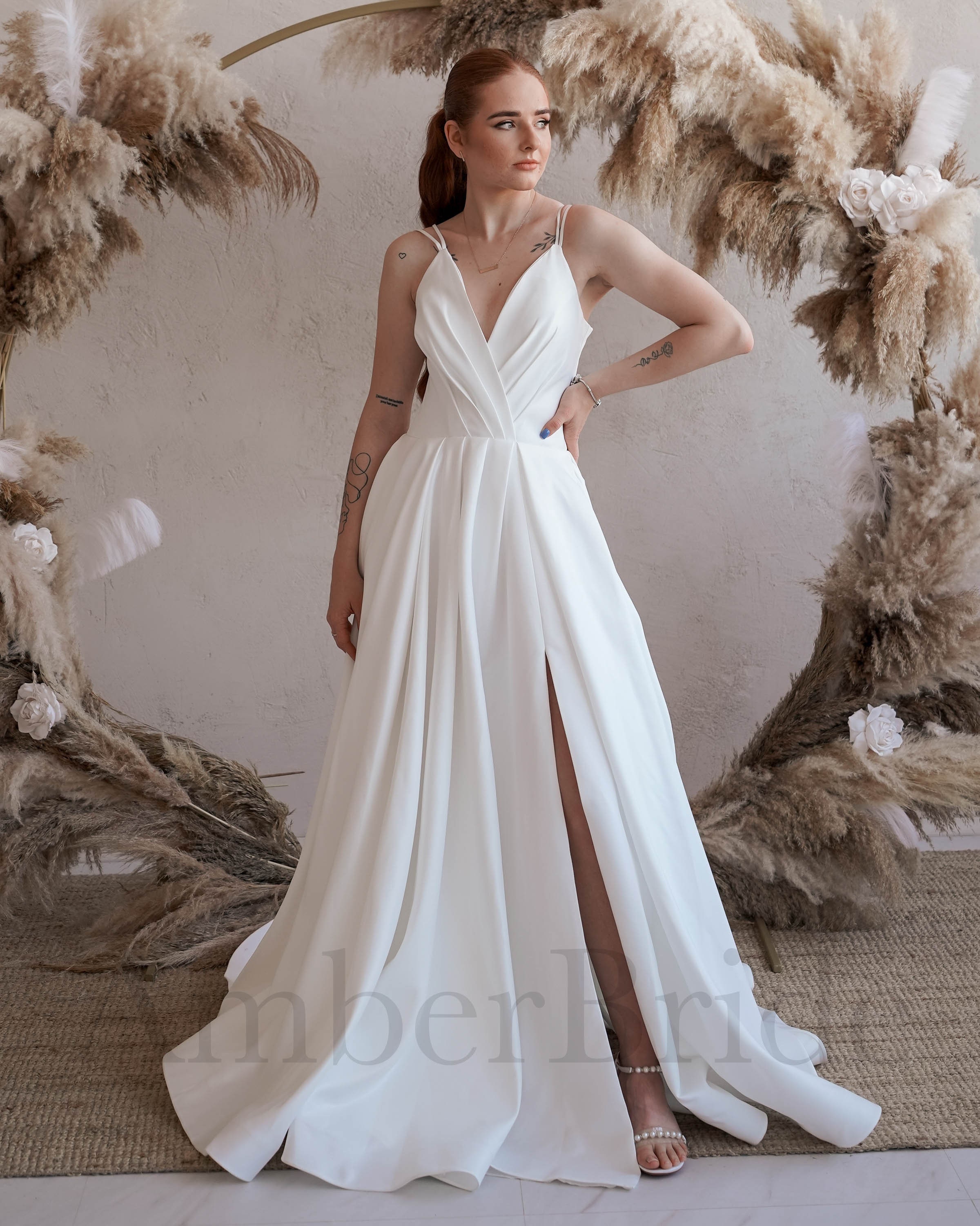 navy blue dress for baby girl Rustic A-line V-neck Side Slit Lace Beach Wedding Dresses, Bridal Gown,  MW645 main image 1