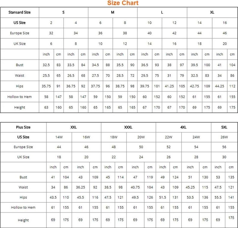 May include: Size chart for clothing with measurements in inches and centimeters. The chart includes standard sizes, plus sizes, US sizes, European sizes, UK sizes, bust, waist, hips, hollow to hem, and height.
