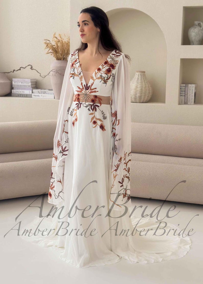 Boho Wedding Dress with Dramatic Butterfly Sleeves, 70s Inspired Floral Bridal Gown, Sheer Waist A-Line Dress, Unique Colorful Embroidery image 1