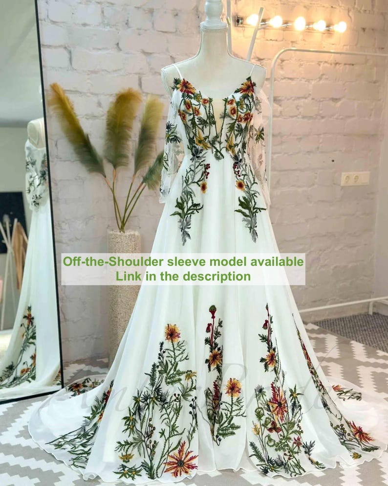 Boho Floral Wedding Dress Cape Sleeve Embroidered Dress Wedding Colorful Wildflower Wedding Gown Hippie Long Wide Sleeve Bridal Dress Fairy image 10