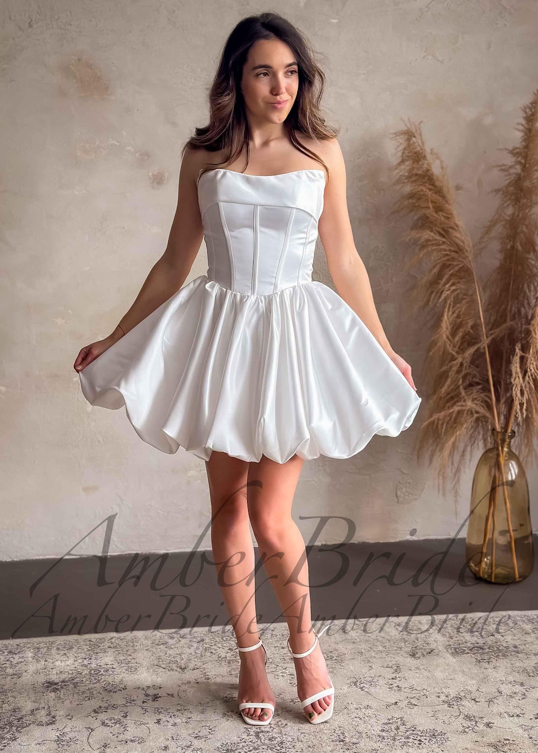 Short Satin Dress Simple Puffy Knee Length Wedding Dress Strapless Midi  Dress Wedding Reception Dress Short Dress With Corset 2nd Day Dress - Etsy  Norway