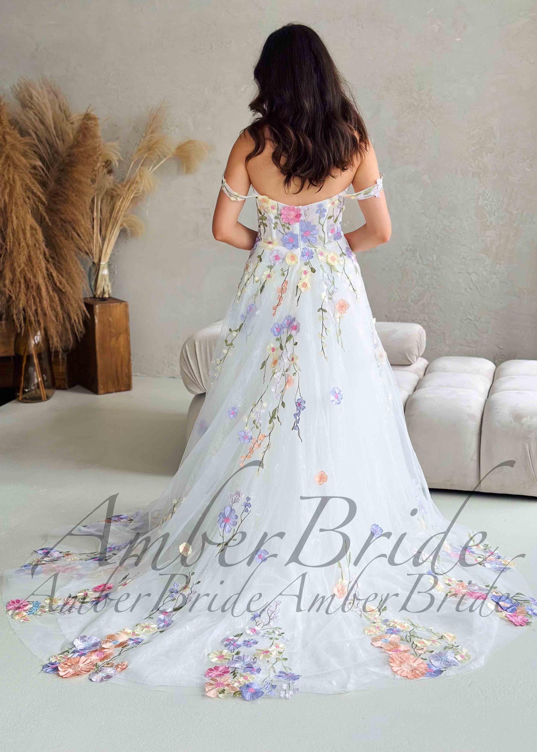Pastel Floral Wedding Dress, Fairy Bishop Sleeve Bridal Gown, Colorful Wildflower Tulle Dress, Whimsical Garden A-Line Gown, Meadow Wedding Pastel Floral Wedding Dress, Fairy Bishop Sleeve Bridal Gown, Colorful Wildflower Tulle Dress, Whimsical Garden A-Line Gown, Meadow Wedding