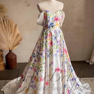 Garden Colored Wedding Dress Colorful Floral Dress Wedding Off Shoulder Romantic Bridal Dress Forest Wildflower Wedding Gown A Line Hippy