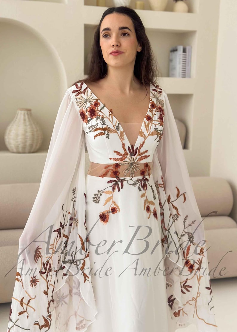 Boho Wedding Dress with Dramatic Butterfly Sleeves, 70s Inspired Floral Bridal Gown, Sheer Waist A-Line Dress, Unique Colorful Embroidery image 4