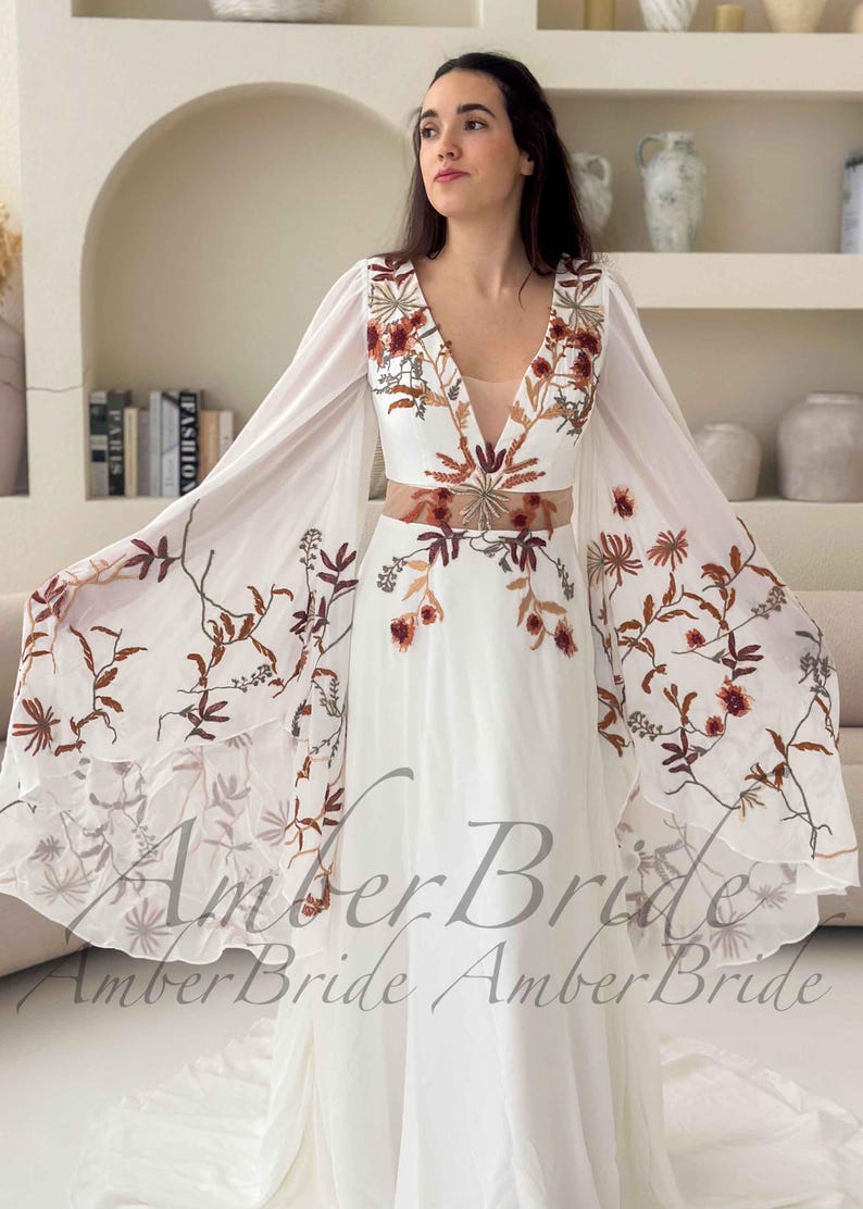 Boho Wedding Dress with Dramatic Butterfly Sleeves, 70s Inspired Floral Bridal Gown, Sheer Waist A-Line Dress, Unique Colorful Embroidery image 5