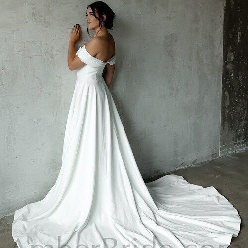 plain white off the shoulder wedding dress Ladivine CD803W Off The Shoulder Lace & Satin Fitted Wedding Gown Off White / 6