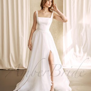 Simple A Line Wedding Dress Square Neck Satin Dress Wedding Casual Ivory Bridal Dress Minimalist Civil Wedding Gown Modest Classy Dress