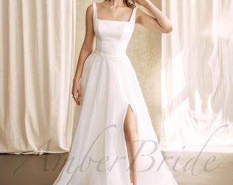 Simple A Line Wedding Dress Square Neck Satin Dress Wedding Casual Ivory Bridal Dress Minimalist Civil Wedding Gown Modest Classy Dress