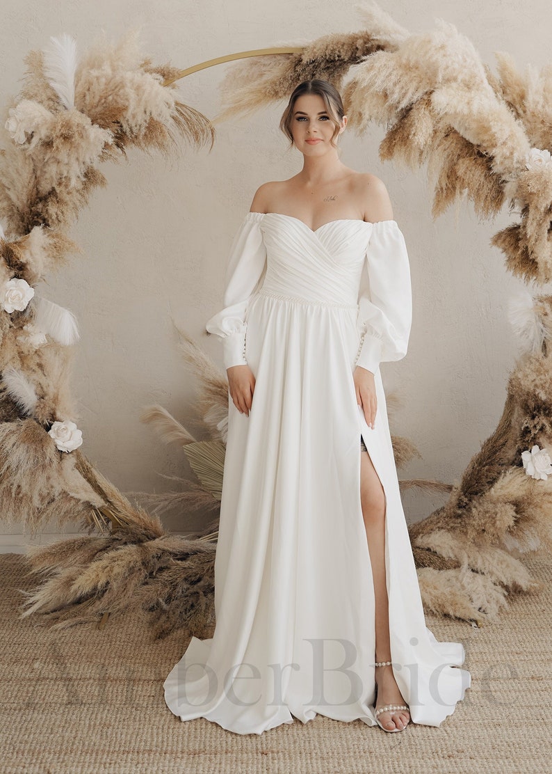 A Line Satin Wedding Dress Long Sleeve Wedding Dress Elegant Wedding Dress Couture Wedding Dress Puffy Sleeve Wedding Dress image 1
