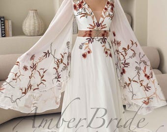 Terracotta bloemen trouwjurk met wijde kapmouwen Boho roest borduursel bruidsjurk chiffon v-hals jurk voor herfstbruiloft woestijnbruid