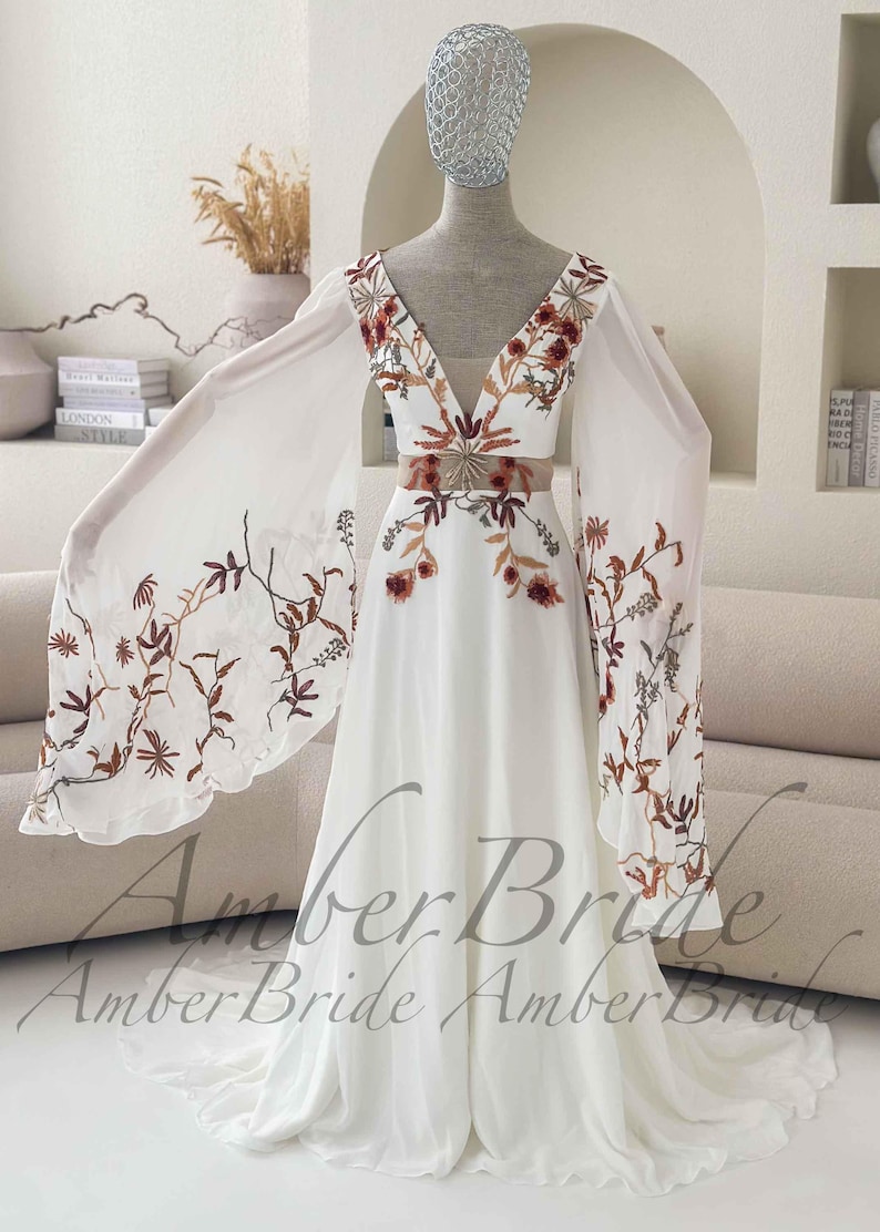 Boho Wedding Dress with Dramatic Butterfly Sleeves, 70s Inspired Floral Bridal Gown, Sheer Waist A-Line Dress, Unique Colorful Embroidery image 9