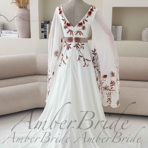 Terracotta Floral Wedding Dress with Wide Cape Sleeves Boho Rust Embroidery Bridal Gown Chiffon V-Neck Dress for Autumn Wedding Desert Bride image 12