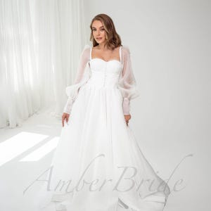A-Line Wedding Dress Bishop Sleeve Wedding Dress Bead Wedding Dress Long Puffy Sleeve Wedding Dress Elegant Wedding Dress Ivory Wedding Gown