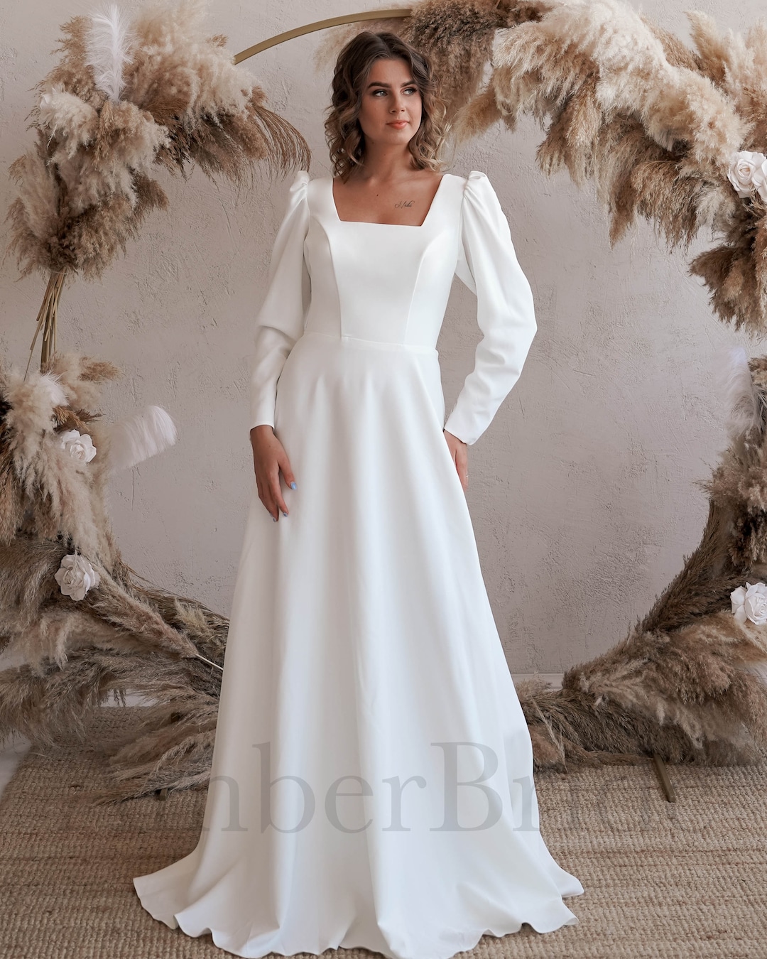 Long Sleeve Wedding Dress, Square Neck Wedding Dress, Low Back Wedding ...