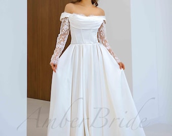 Whimsical Satin A-Line Wedding Dress with Long Lace Off-Shoulder Sleeves and Corset Back