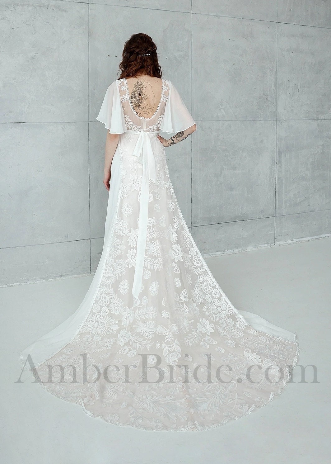 chi chi women's flutter sleeve backless lace wedding dress reviews Boho Dress, Bridal Gown, Open Back Beach Wedding Dress, Rustic Chiffon A-line Gown, Vintage Style V-neck classic V prom dress uk Velvet Navy Blue Dress Size:36