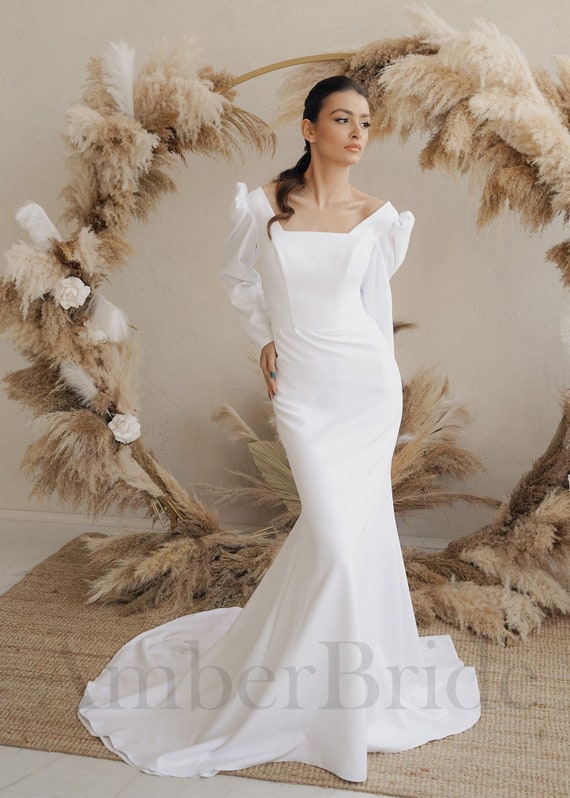 Satin Trumpet Mermaid Square Long Sleeve Wedding Dress Satin Trumpet Mermaid Square Long Sleeve Wedding Dress