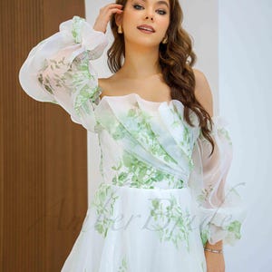 Green Floral Wedding Dress Long Puffy Sleeve Forest Bridal Dress Fairy A Line Dress Wedding Colorful Hippie Wedding Gown Rustic Dress