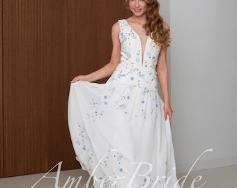 Lightweight Chiffon Wedding Dress with Pale Blue Flower Embroidery and Open Back
