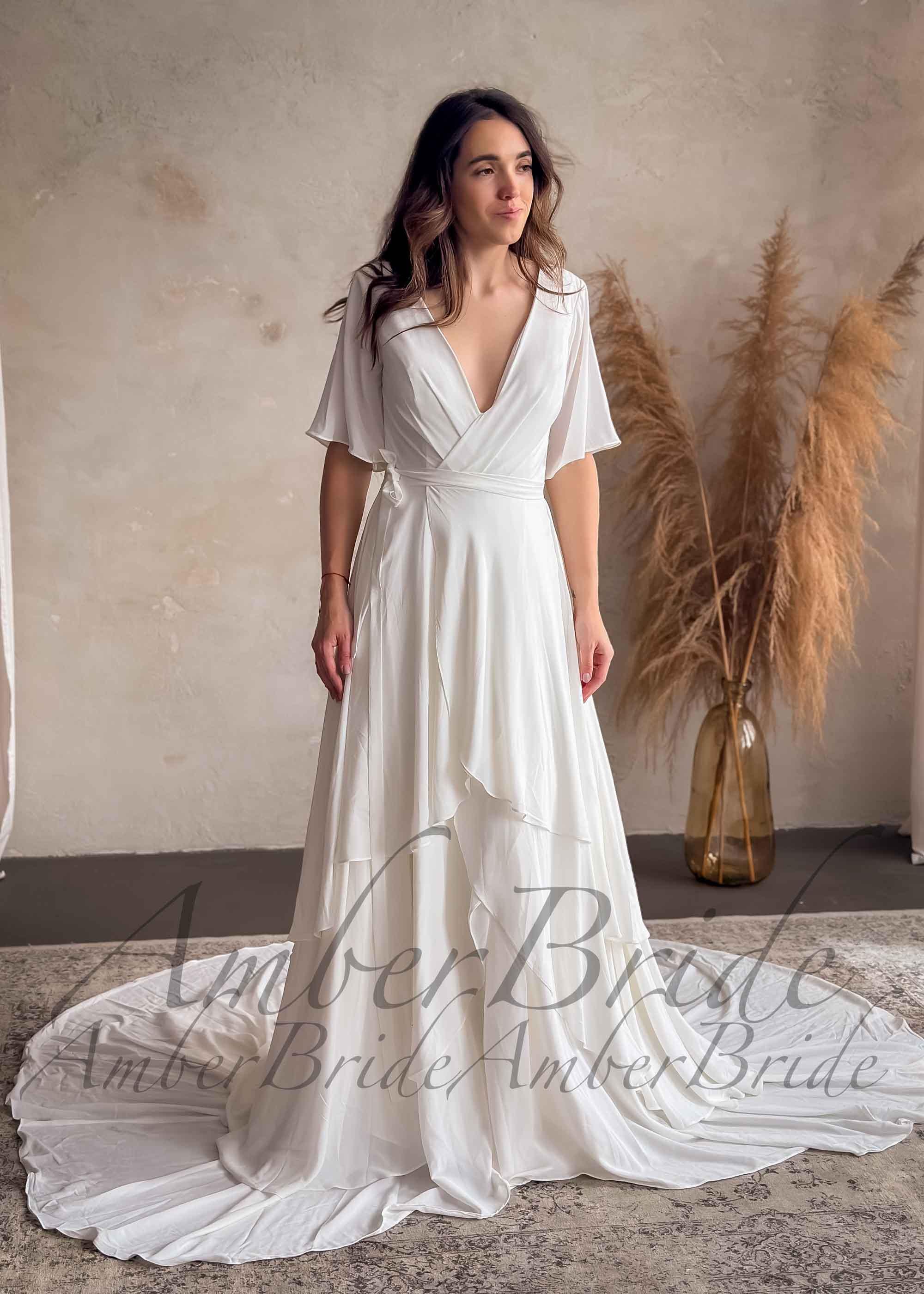 Elegant Boho Wedding Dress Medieval Flutter Sleeve Bridal Dress Flowy Wrap Dress Wedding with Cascading Layers Simple Vintage Wedding Gown Elegant Boho Wedding Dress Medieval Flutter Sleeve Bridal Dress Flowy Wrap Dress Wedding with Cascading Layers Simple Vintage Wedding Gown
