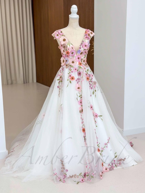 Pink Floral Wedding Dress Colorful Fairy Bridal Dress Fantasy