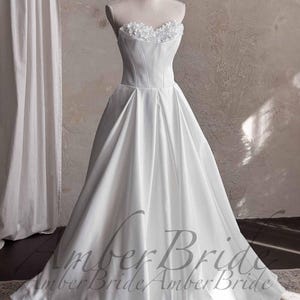 Strapless Satin Wedding Dress A Line Whimsical Bridal Dress Romantic Flower Wedding Gown Modern Princess Dress Wedding Classy Elegant Gown