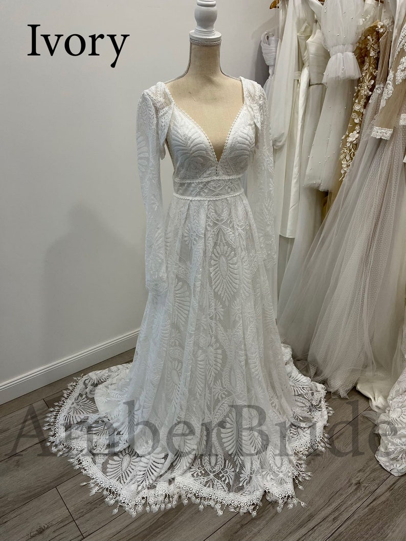 Boho Wedding Dress, Detachable Sleeves Wedding Dress, Long Sleeve Wedding Dress Boho, Lace Wedding Dress, Bohemian Wedding Dress Ivory