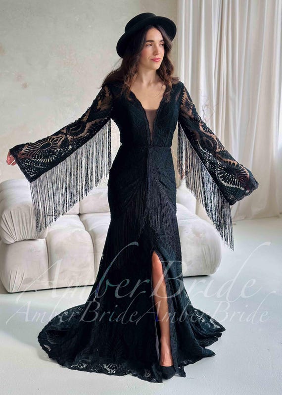 Black Gothic Wedding Dress Lace Fringe Sleeve Dress Wedding Mermaid Long Sleeve Wedding Gown Backless Deep V Neck Bridal Dress Embroidered Black Gothic Wedding Dress Lace Fringe Sleeve Dress Wedding Mermaid Long Sleeve Wedding Gown Backless Deep V Neck Bridal Dress Embroidered