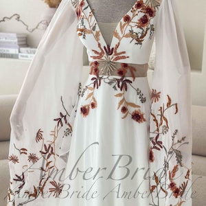 Terracotta Floral Wedding Dress with Wide Cape Sleeves Boho Rust Embroidery Bridal Gown Chiffon V-Neck Dress for Autumn Wedding Desert Bride image 9