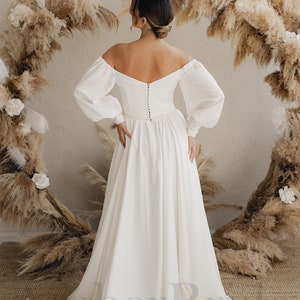 A Line Satin Wedding Dress Long Sleeve Wedding Dress Elegant Wedding Dress Couture Wedding Dress Puffy Sleeve Wedding Dress image 2