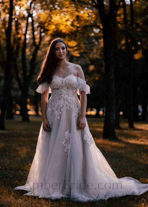 off the shoulder a line wedding dress