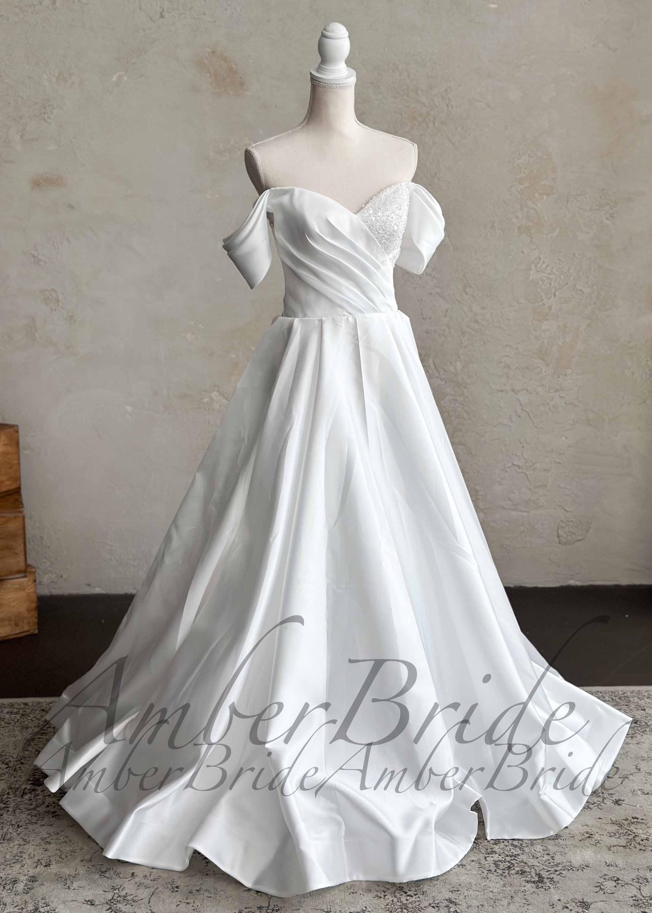 Beaded Satin Wedding Dress Off Shoulder Modern Dress Wedding Sweetheart A Line Bridal Dress Romantic Princess Wedding Gown with Corset
