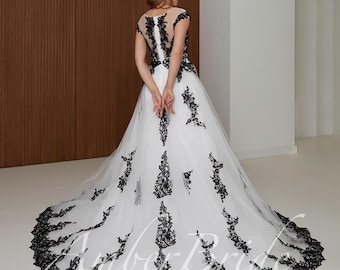 Gothic Black Lace Wedding Dress with White Tulle and Cathedral Train