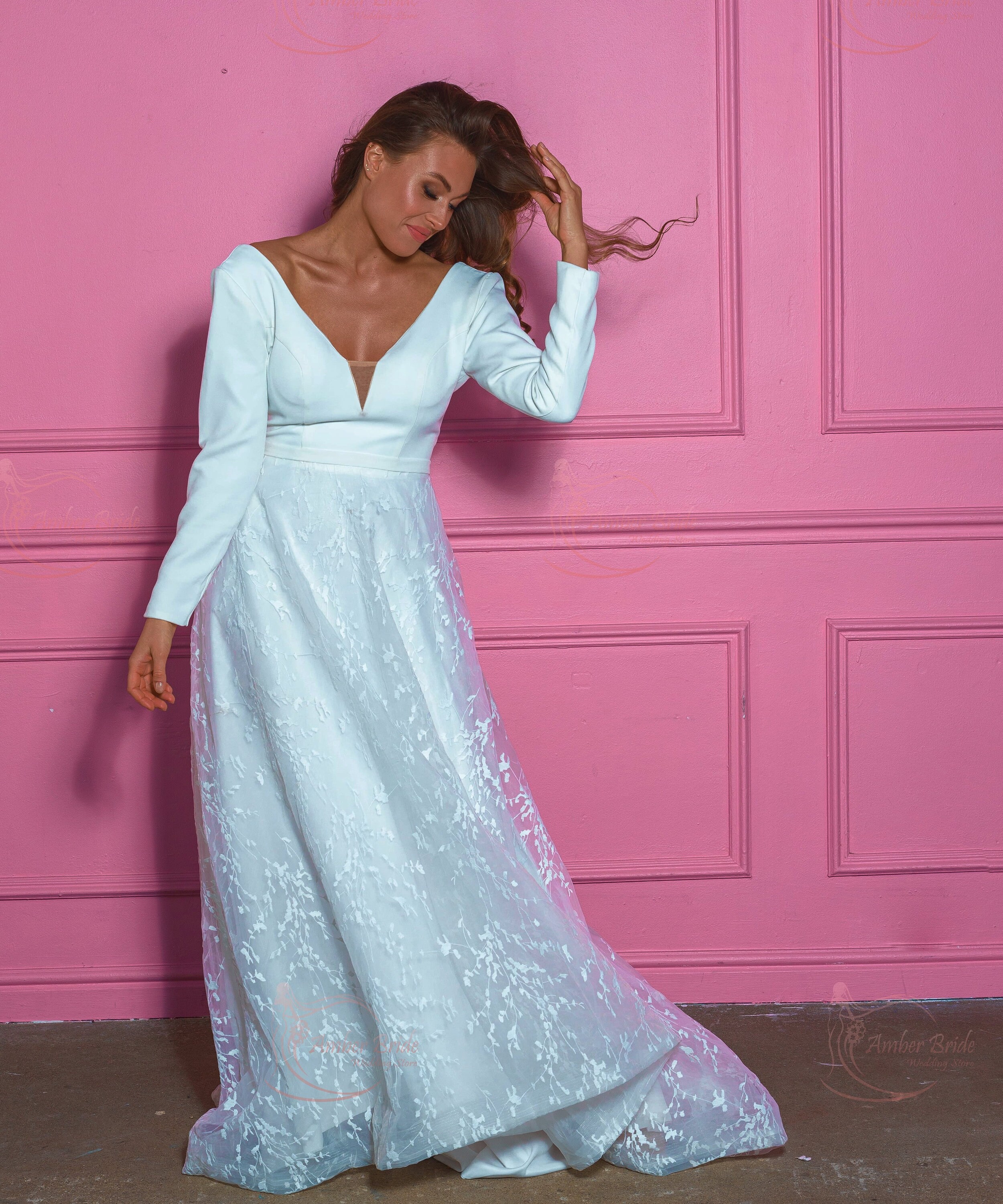 Long Sleeve Wedding Dress Simple Wedding Dress A Line Etsy