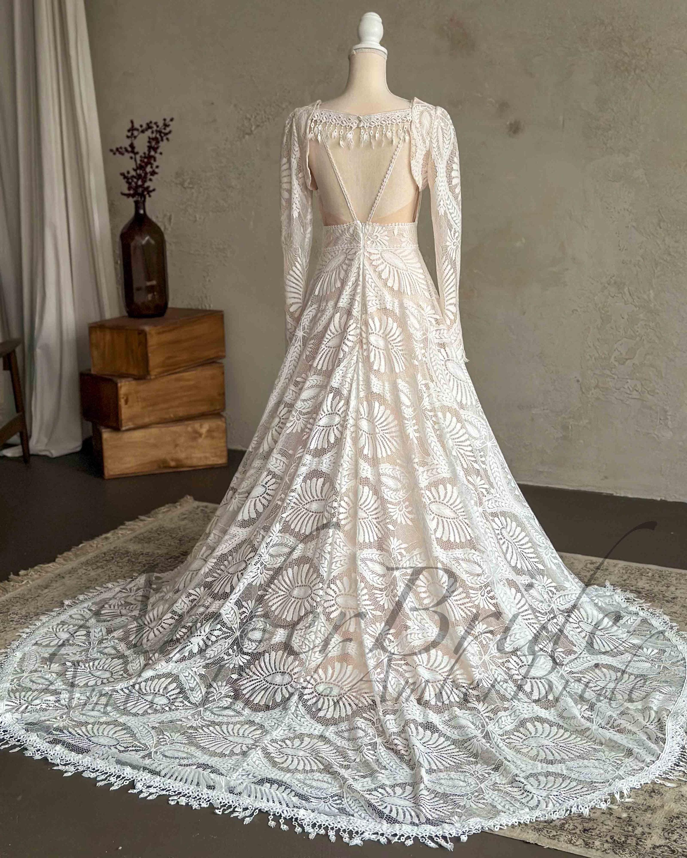 lace a line boho wedding dress Elegant Boho Wedding Dress with Illusion Neckline