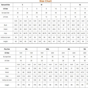 May include: A detailed size chart for clothing, displaying measurements in inches and centimeters. Includes standard and plus sizes, with bust, waist, hips, and height measurements. The chart is designed to help customers find the right fit.