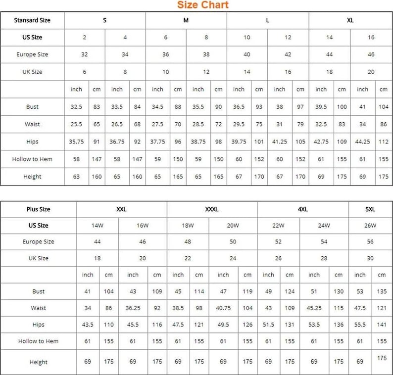 May include: A detailed size chart for clothing, displaying measurements in inches and centimeters. Includes standard and plus sizes, with bust, waist, hips, and height measurements. The chart is designed to help customers find the right fit.