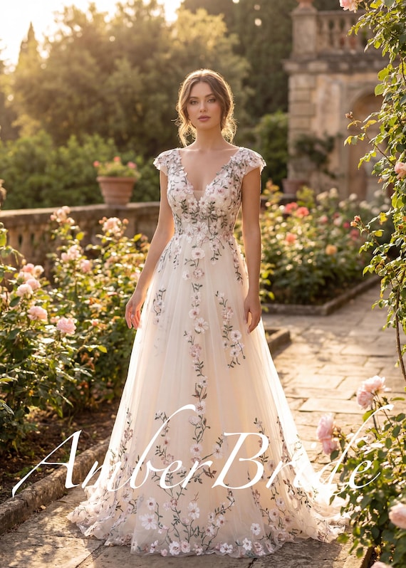 Pastel Floral Embroidered Wedding Dress, Romantic Cap Sleeve Champagne Bridal Gown