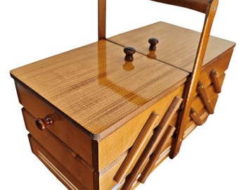 Wooden Sewing Box Organizer, Accordion Sewing Basket, Fold Out Craft Storage, Large Sewing Caddy, Jewelry Storage Box, Gift for Her